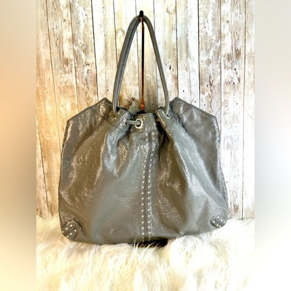 Michael Kors Large Drawstring Metallic Grey Pebbled Leather, Studded Tote EUC​​​